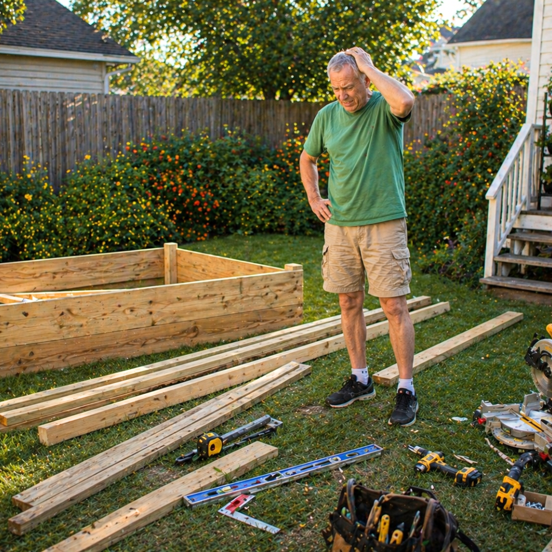 Gardener standing beside a partially built wooden raised bed and tools